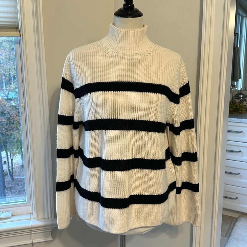 Banana Republic Mock Neck Black & Cream Stripe Sweater, Wool Blend, Size Medium